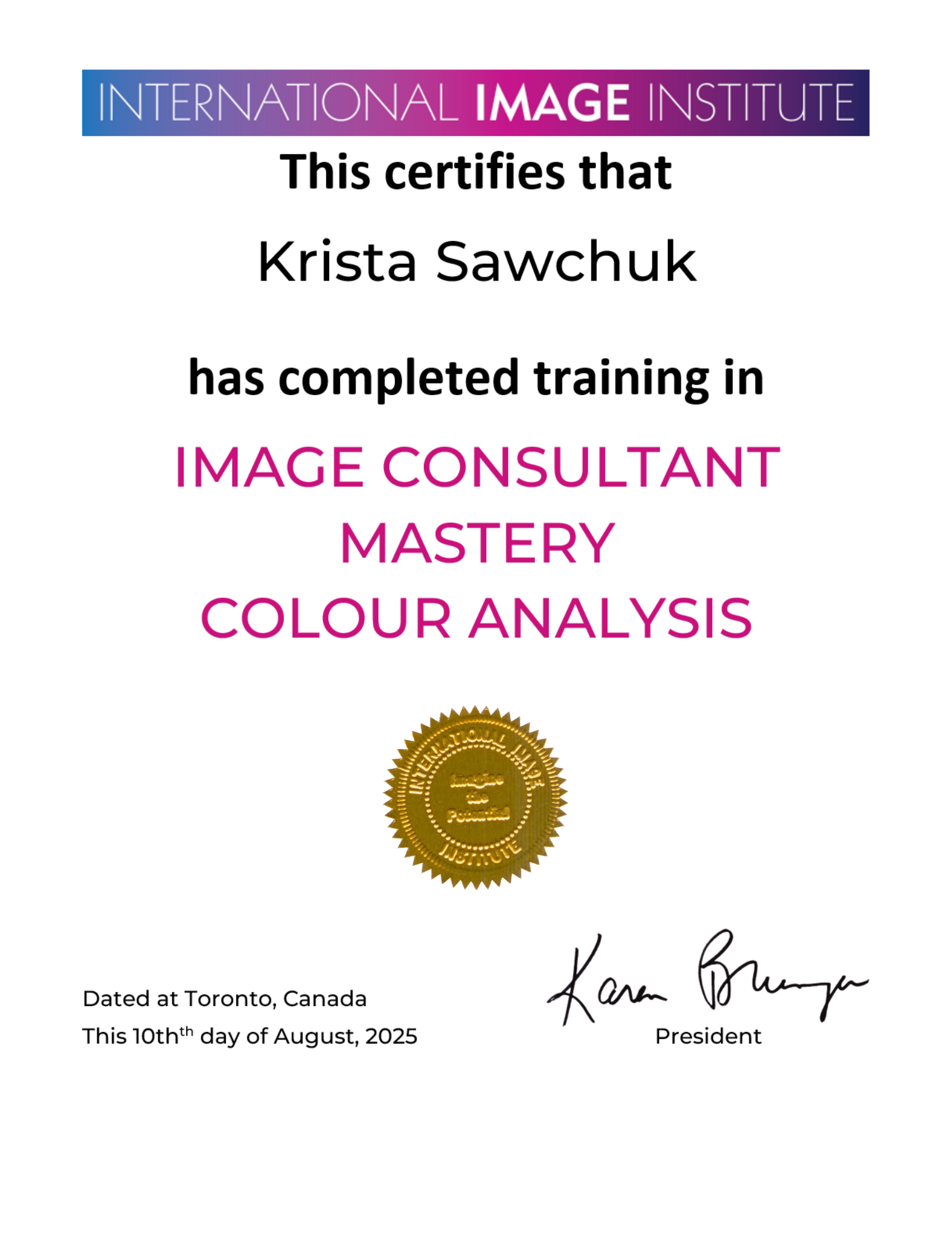 Krista Sawchuk certificate from the International Image Institute